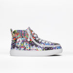 The SALE - Lilia's Eye Candy BILLY Classic D|R II High by BILLY Footwear is an AFO-friendly high-top sneaker with white laces, a white sole, and a colorful abstract paint-splatter design, offering comfort and style.