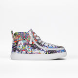 The SALE - Lilia's Eye Candy BILLY Classic D|R II High by BILLY Footwear is an AFO-friendly high-top sneaker with white laces, a white sole, and a colorful abstract paint-splatter design, offering comfort and style.