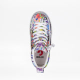 Top view of the SALE - Lilia's Eye Candy BILLY Classic D|R II High by BILLY Footwear, a colorful, abstract high-top sneaker with white laces, BILLY. on the removable insole, and extra wide AFO-friendly kids sizes for comfort.
