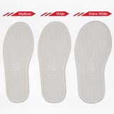 Three white removable insoles labeled Medium, Wide, and Extra-Wide are shown side by side, highlighting the width options available for the navy BILLY Classic D|R II High kids' shoes by BILLY Footwear.