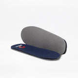A pair of removable insoles for the Navy BILLY Classic D|R II High shoes by BILLY Footwear—one shown blue side up with a red and white logo, the other displaying a plain gray underside—are displayed on a white background.
