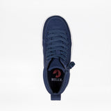 Top view of the Navy BILLY Classic D|R II High by BILLY Footwear, an AFO-friendly kids sneaker with a side zipper, laces, and a red BILLY logo on the black insole. Removable insoles offer customizable comfort. Photographed on white background.