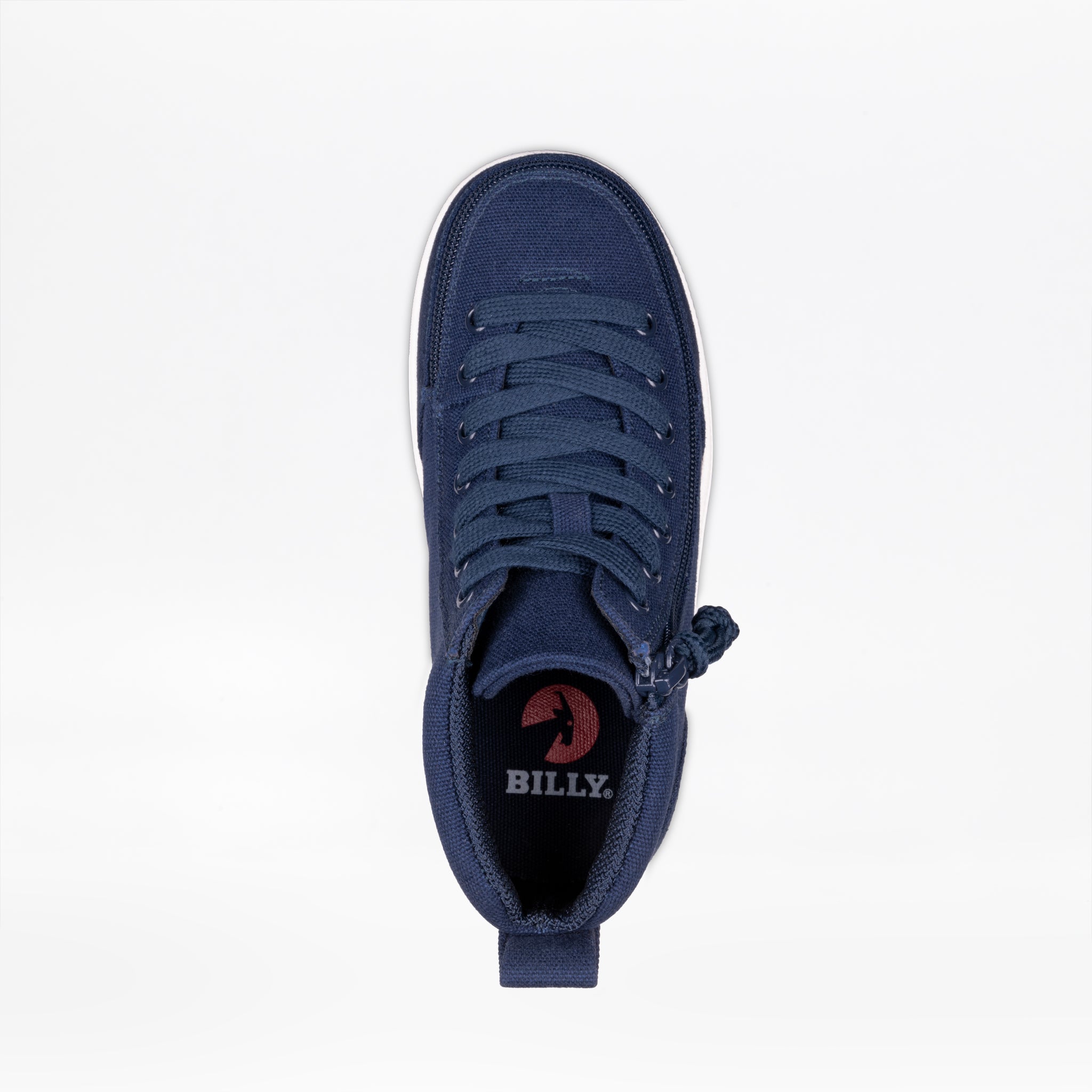 Top view of the Navy BILLY Classic D|R II High by BILLY Footwear, an AFO-friendly kids sneaker with a side zipper, laces, and a red BILLY logo on the black insole. Removable insoles offer customizable comfort. Photographed on white background.