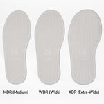 Three white insoles for the SALE - Red BILLY Classic D|R II High by BILLY Footwear are shown side by side, labeled MDR (Medium), WDR (Wide), and XDR (Extra-Wide) to display their increasing width.