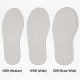 Three white insoles for the SALE - Red BILLY Classic D|R II High by BILLY Footwear are shown side by side, labeled MDR (Medium), WDR (Wide), and XDR (Extra-Wide) to display their increasing width.
