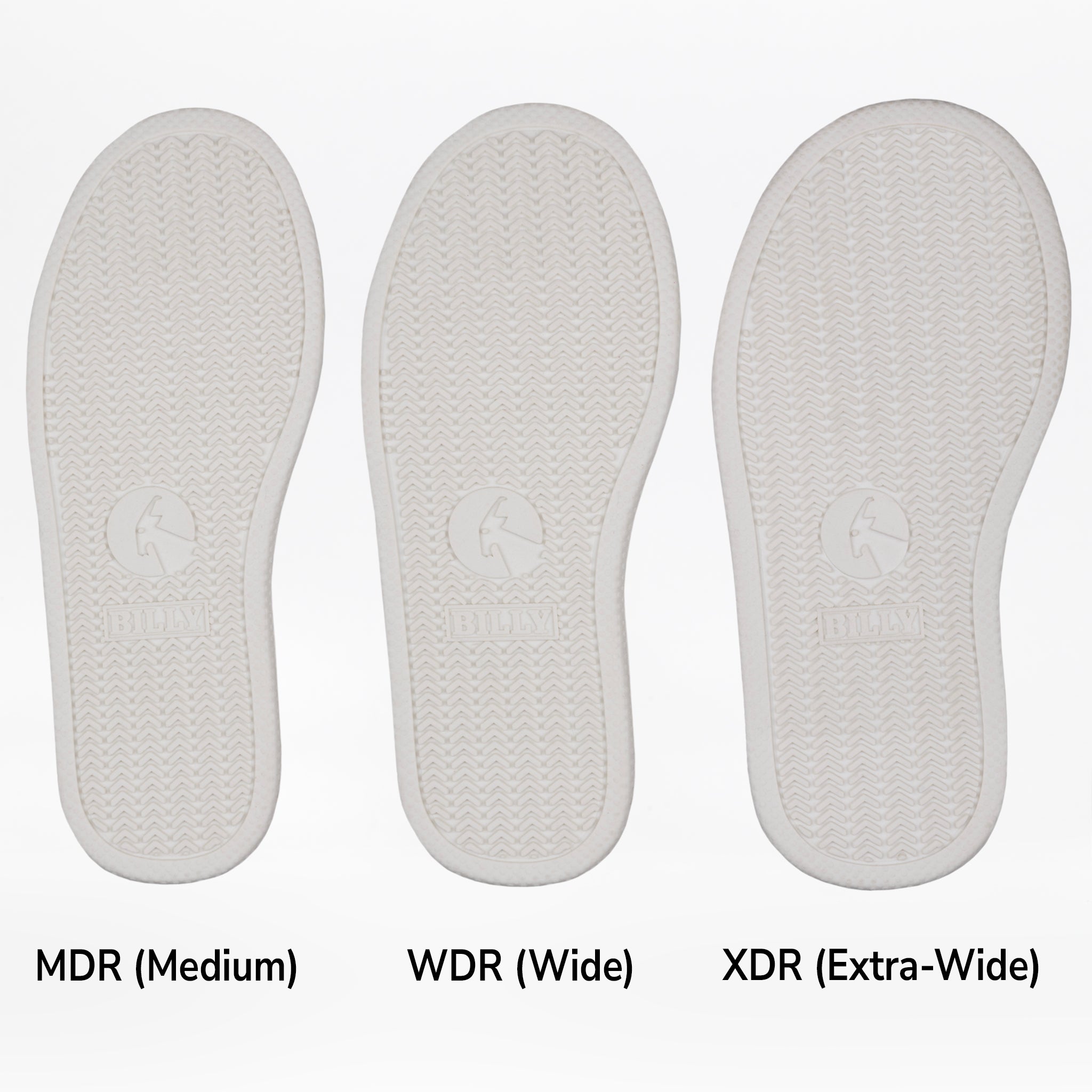 Three white insoles for the SALE - Red BILLY Classic D|R II High by BILLY Footwear are shown side by side, labeled MDR (Medium), WDR (Wide), and XDR (Extra-Wide) to display their increasing width.