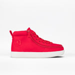 The SALE - Red BILLY Classic D|R II High by BILLY Footwear is a bright red high-top orthotic sneaker with a white sole, side zipper, lace-up front, and back loop. AFO-friendly design shown on a plain white background.