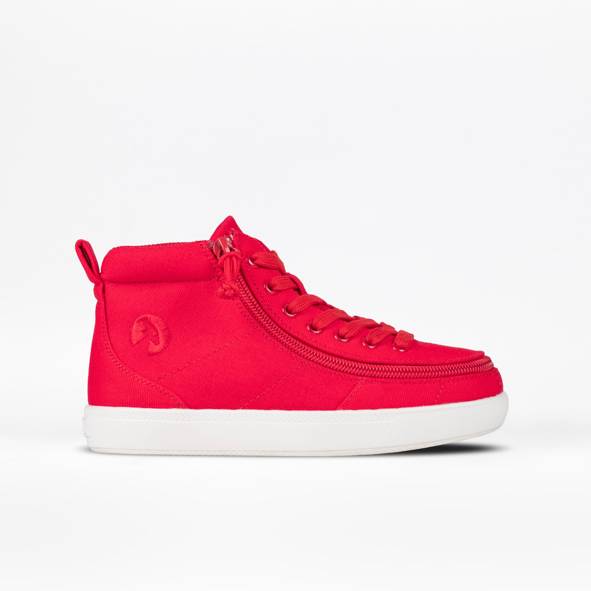 The SALE - Red BILLY Classic D|R II High by BILLY Footwear is a bright red high-top orthotic sneaker with a white sole, side zipper, lace-up front, and back loop. AFO-friendly design shown on a plain white background.