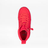 Top view of the SALE - Red BILLY Classic D|R II High by BILLY Footwear, a bright red high-top sneaker with red laces, side zipper, and heel pull tab. AFO-friendly design offers enhanced support and comfort. Displayed on a white background.