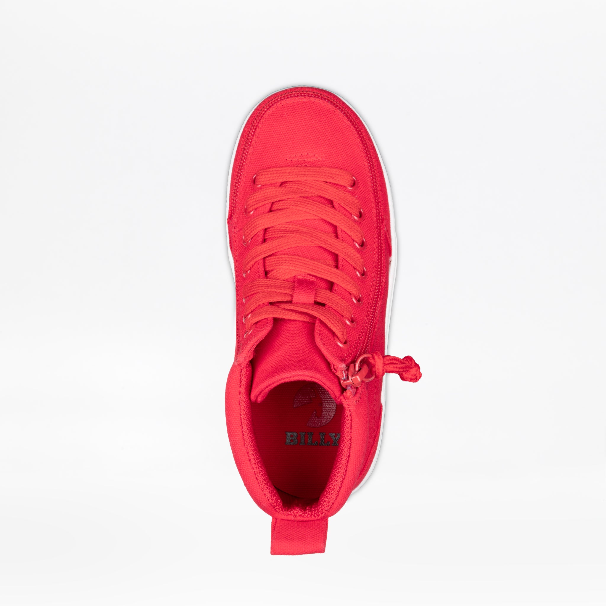 Top view of the SALE - Red BILLY Classic D|R II High by BILLY Footwear, a bright red high-top sneaker with red laces, side zipper, and heel pull tab. AFO-friendly design offers enhanced support and comfort. Displayed on a white background.