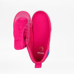 A vibrant pink/blue SALE - Pink/Blue Light Ups BILLY Classic D|R High sneaker by BILLY Footwear features a full wrap zipper, partially open to reveal the interior and gold logo on the insole, displayed on a white background.
