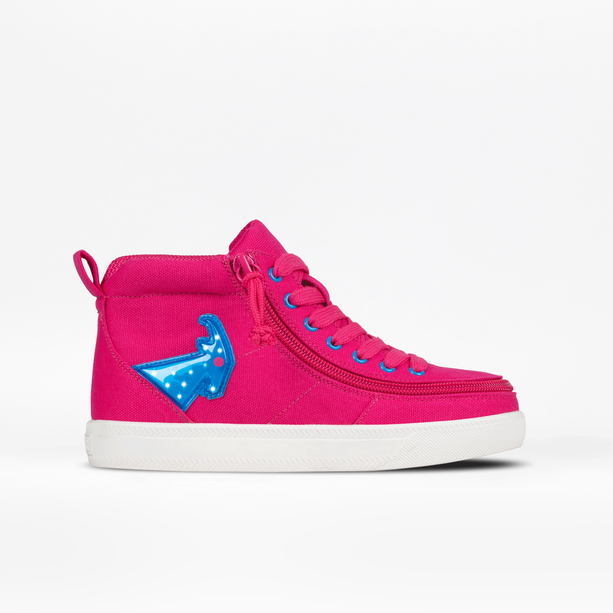 The SALE - Pink/Blue Light Ups BILLY Classic D|R High by BILLY Footwear features a bright pink high-top design with blue eyelets, matching laces, arrow-shaped star patch, full wrap zipper, removable insoles, and a white sole.