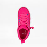 The BILLY Footwear Pink/Blue Light Ups BILLY Classic D|R High is an AFO-friendly, bright pink sneaker with blue eyelets, pink laces, a full wrap zipper pull on the right, and "BILLY" in white on the insole—style meets accessibility.