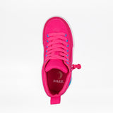 The BILLY Footwear Pink/Blue Light Ups BILLY Classic D|R High is an AFO-friendly, bright pink sneaker with blue eyelets, pink laces, a full wrap zipper pull on the right, and "BILLY" in white on the insole—style meets accessibility.