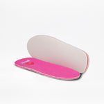 A pair of pink removable insoles from the SALE - Fuchsia Snake BILLY Classic D|R II High by BILLY Footwear, one showing the top and the other displaying the white underside, are set on a plain white background.