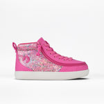 The BILLY Footwear SALE - Fuchsia Snake BILLY Classic D|R II High is a pink high-top sneaker with a white sole, side zipper, and sparkly multicolored panel. This AFO-friendly shoe blends comfort and style against a plain white background.