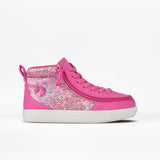 The BILLY Footwear SALE - Fuchsia Snake BILLY Classic D|R II High is a pink high-top sneaker with a white sole, side zipper, and sparkly multicolored panel. This AFO-friendly shoe blends comfort and style against a plain white background.