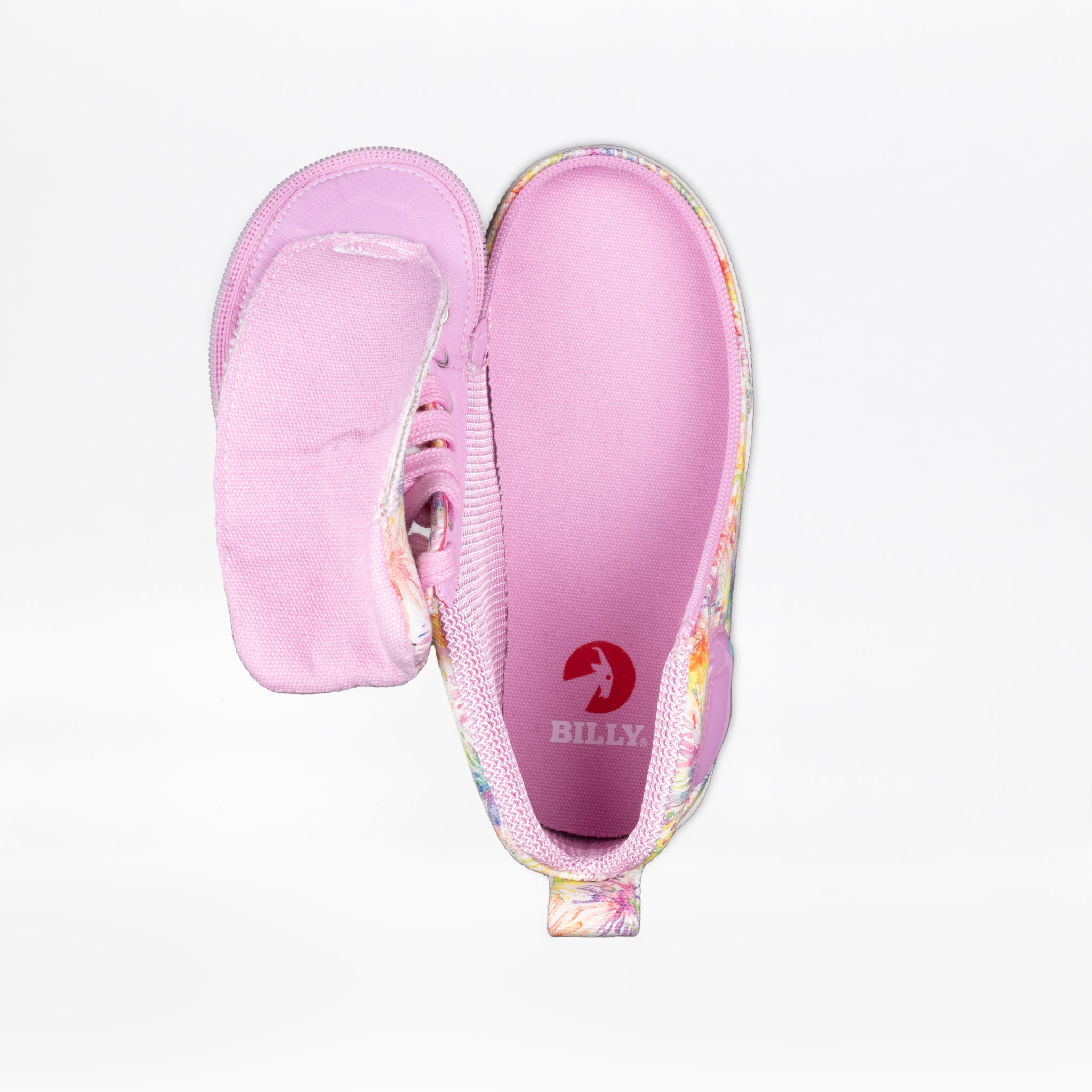 Top view of the Floral Light Ups BILLY Classic D|R High by BILLY Footwear, featuring a side zipper open to reveal the interior and branded insole. Colorful trim accents the AFO-friendly design, ideal for use with orthotics or prosthetics.