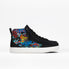 The Kids'/Toddler Classic D|R II High by BILLY Footwear, in Night Sk8ter, is a black high-top with a wide toe box, white sole, and blue, red, and yellow graffiti art on the side—great for kids' orthotic needs. Shown on a plain white background.