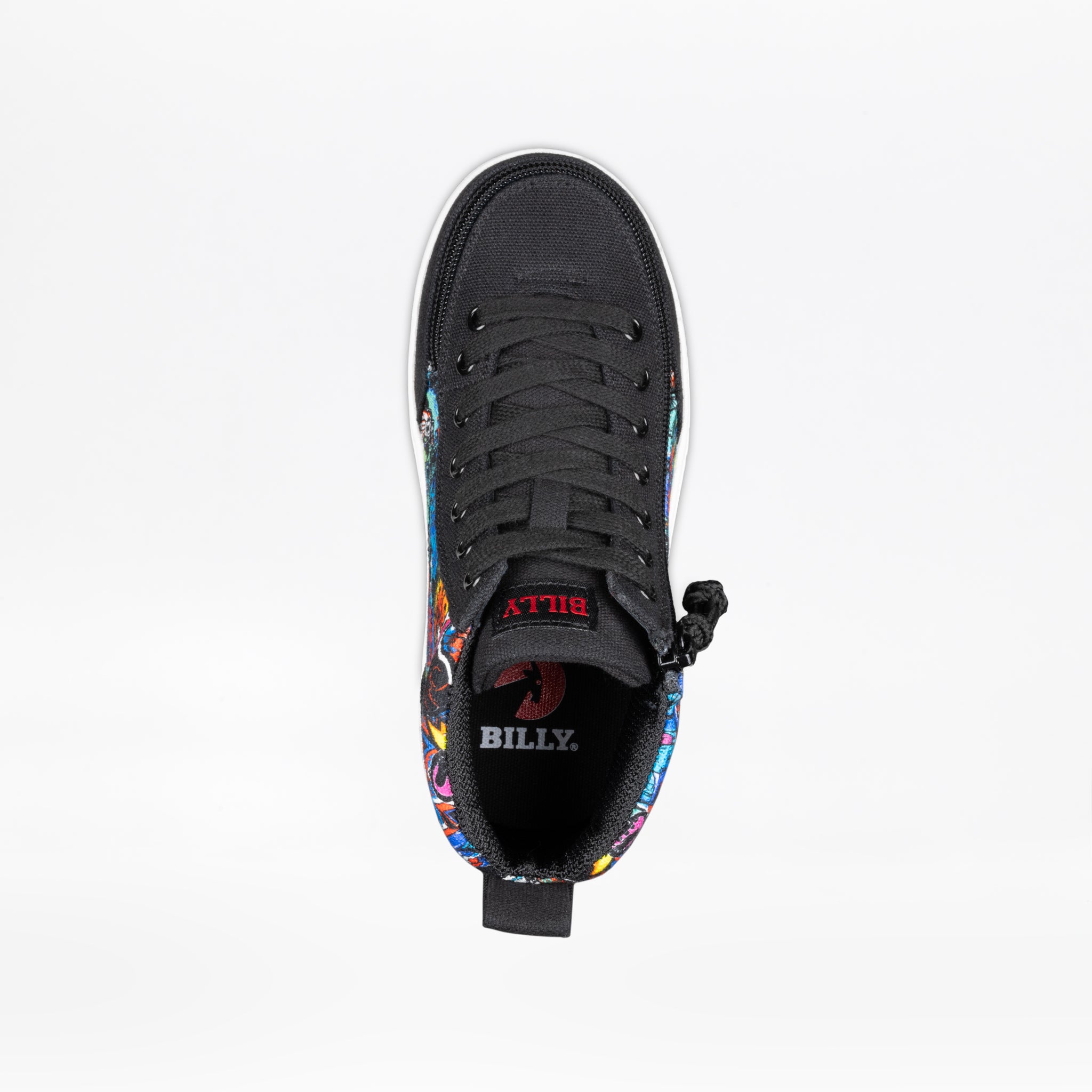 Top view of the BILLY Footwear Night Sk8ter BILLY Classic D|R II High sneaker in black with colorful side patterns, black laces, and "BILLY" on the insole and tongue. AFO-friendly design with removable insoles, shown on a white background.