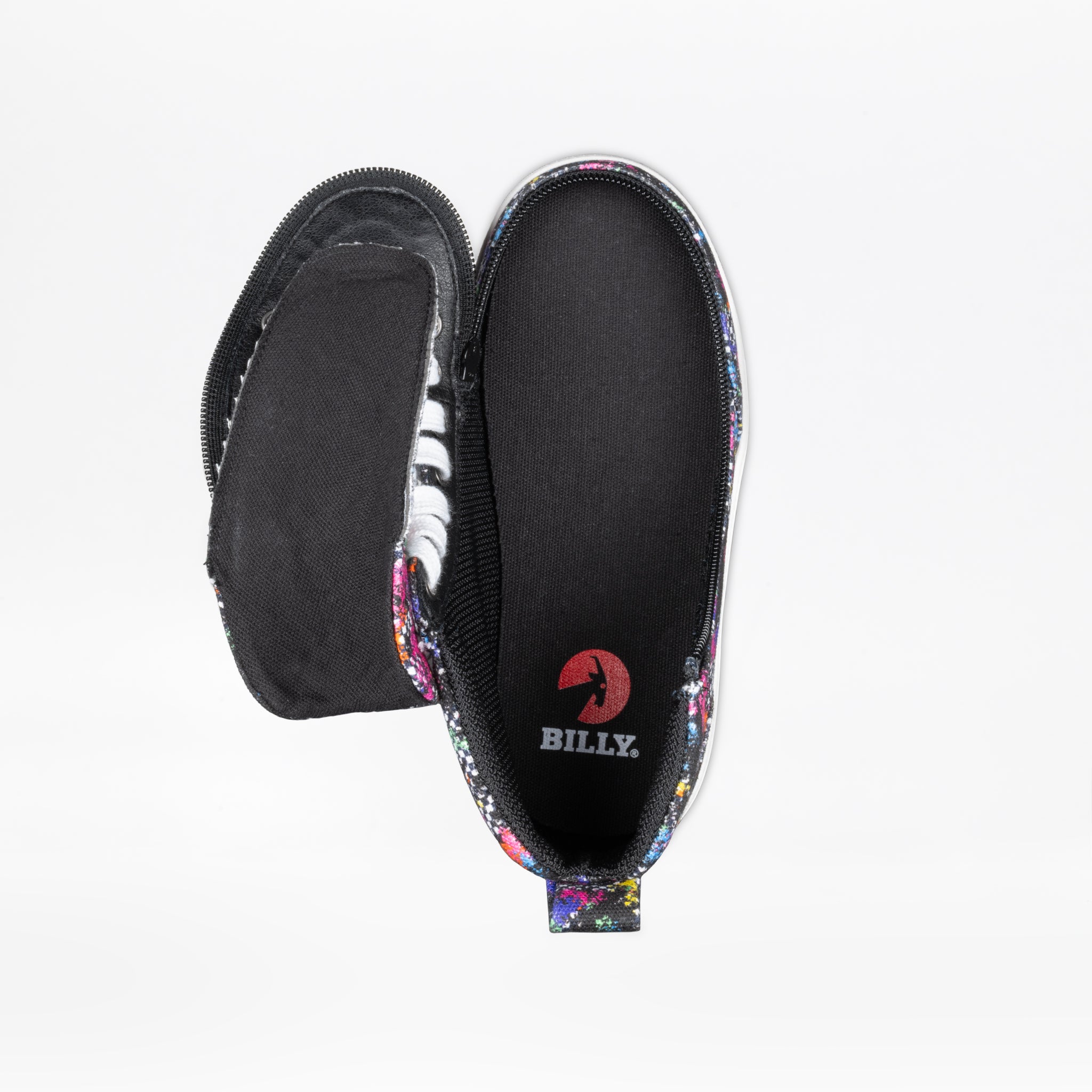 Top view of the BILLY Footwear Rainbow Sk8ter BILLY Classic D|R II High, a black high-top with a floral pattern, wide-opening zipper for easy access, and AFO-friendly design made for kids' orthopedic needs.