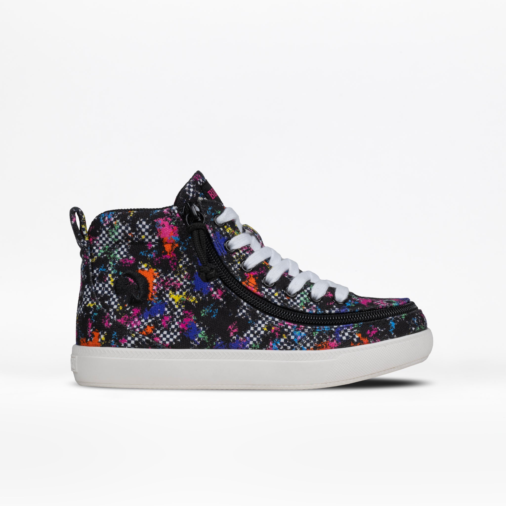 The Rainbow Sk8ter BILLY Classic D|R II High by BILLY Footwear is a high-top kids’ orthopedic shoe featuring a multicolor splatter design, white laces, side zipper, removable insoles, and a white sole on a plain white background.