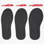 Three black removable insoles for the BILLY Footwear Black to the Floor BILLY D|R II Short Wrap High are displayed side by side in Medium, Wide, and Extra-Wide, showing increasing width options for kids’ adaptive footwear.