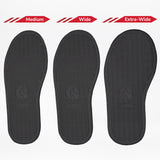 Three black removable insoles for the BILLY Footwear Black to the Floor BILLY D|R II Short Wrap High are displayed side by side in Medium, Wide, and Extra-Wide, showing increasing width options for kids’ adaptive footwear.
