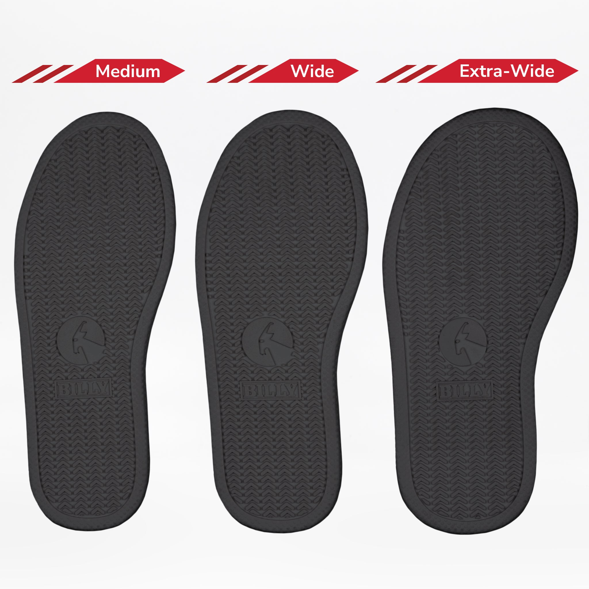 Three black removable insoles for the BILLY Footwear Black to the Floor BILLY D|R II Short Wrap High are displayed side by side in Medium, Wide, and Extra-Wide, showing increasing width options for kids’ adaptive footwear.