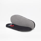 Two removable insoles from the Black to the Floor BILLY D|R II Short Wrap High by BILLY Footwear, one showing a black top with red logo and one revealing a gray underside, are shown on a white background—perfect for AFO-friendly and kids' adaptive shoes.