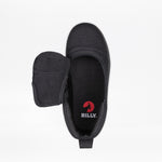Top view of the Black to the Floor BILLY D|R II Short Wrap High by BILLY Footwear, featuring a left-side open flap and visible red BILLY logo on the insole. This AFO-friendly kids shoe is shown against a plain white background.