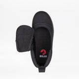Top view of the Black to the Floor BILLY D|R II Short Wrap High by BILLY Footwear, featuring a left-side open flap and visible red BILLY logo on the insole. This AFO-friendly kids shoe is shown against a plain white background.