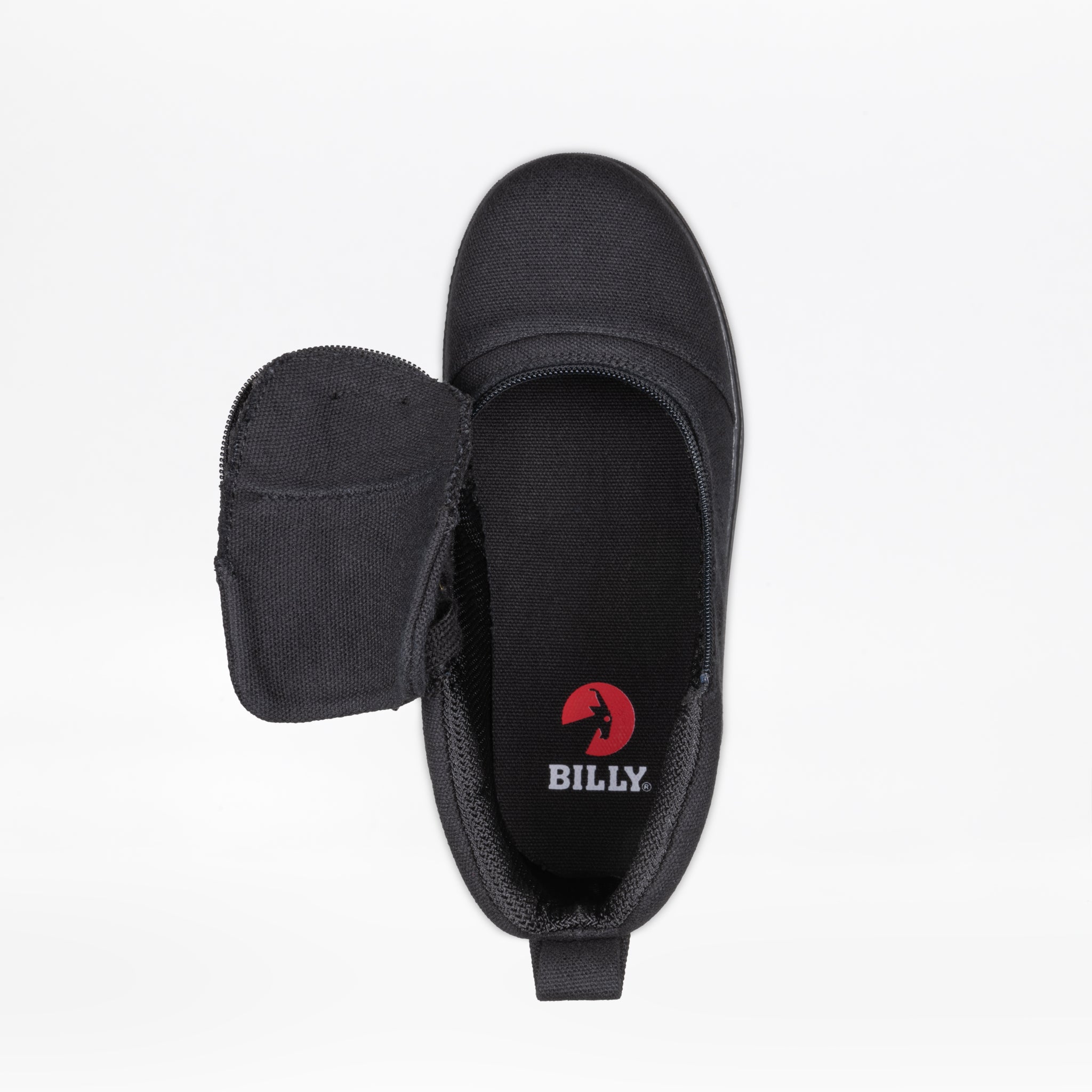 Top view of the Black to the Floor BILLY D|R II Short Wrap High by BILLY Footwear, featuring a left-side open flap and visible red BILLY logo on the insole. This AFO-friendly kids shoe is shown against a plain white background.