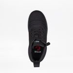 Top view of the Black to the Floor BILLY D|R II Short Wrap High kids adaptive sneaker by BILLY Footwear, featuring black laces, AFO-friendly design, and "BILLY" in white with a red logo on the insole, isolated on a white background.