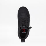 Top view of the Black to the Floor BILLY D|R II Short Wrap High kids adaptive sneaker by BILLY Footwear, featuring black laces, AFO-friendly design, and "BILLY" in white with a red logo on the insole, isolated on a white background.