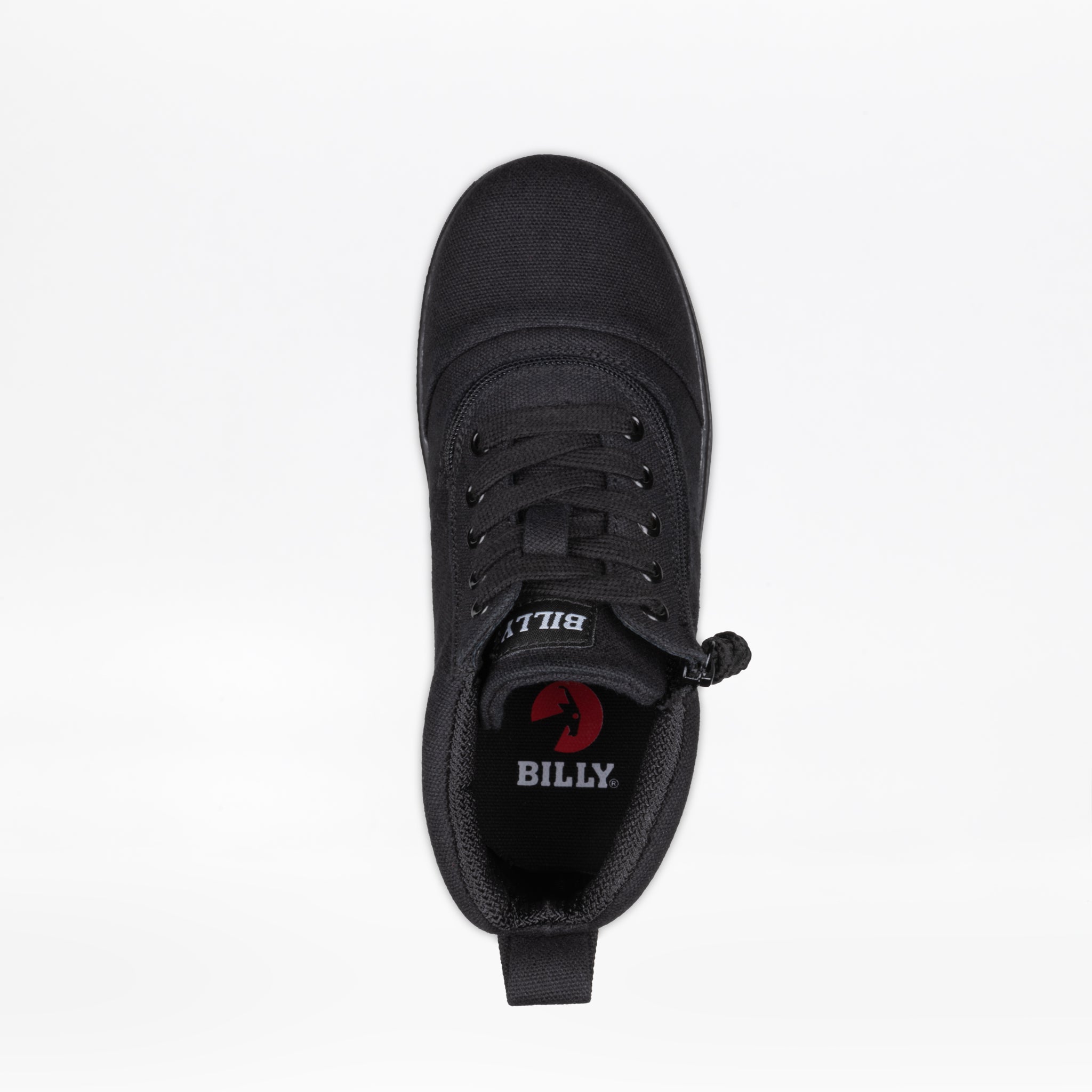 Top view of the Black to the Floor BILLY D|R II Short Wrap High kids adaptive sneaker by BILLY Footwear, featuring black laces, AFO-friendly design, and "BILLY" in white with a red logo on the insole, isolated on a white background.