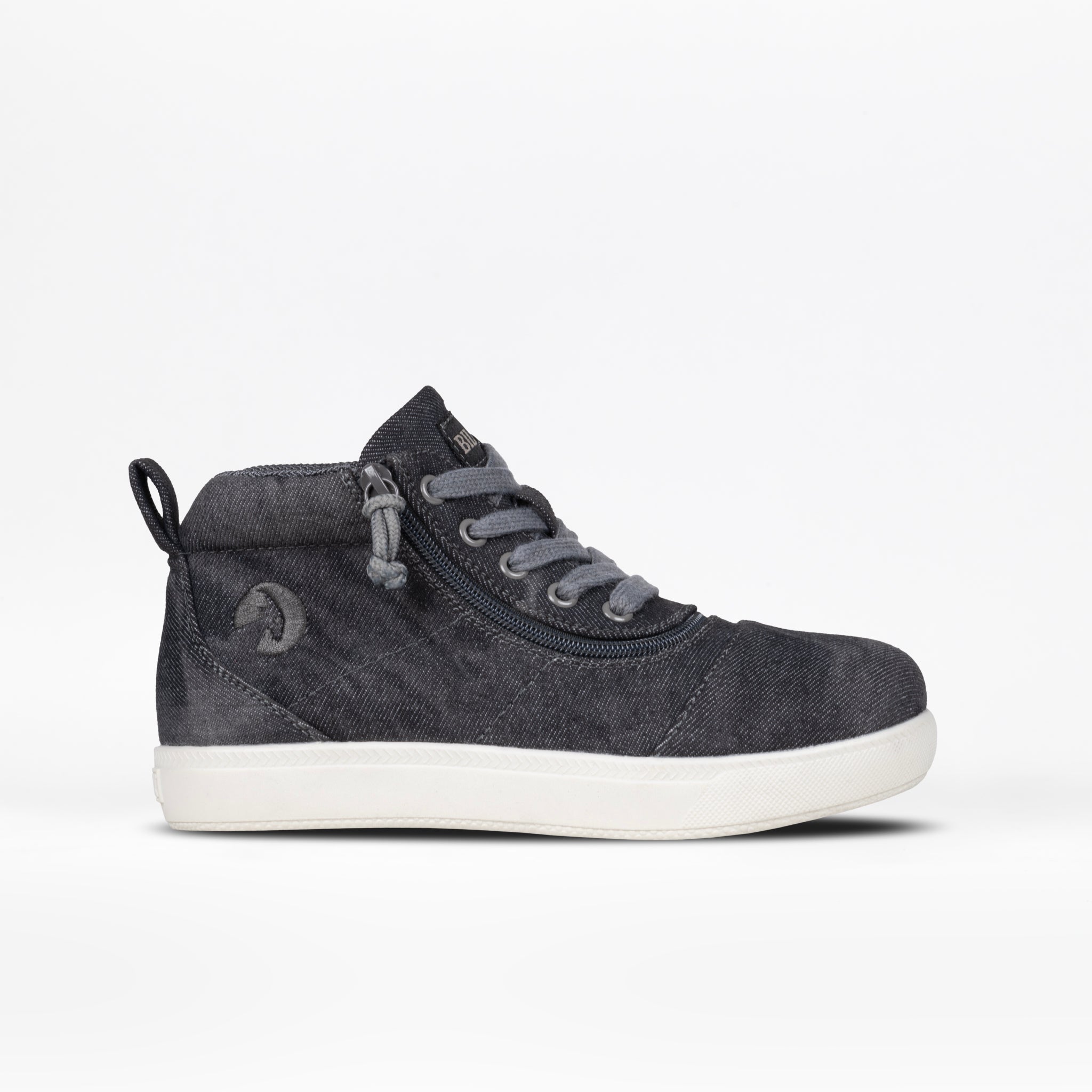 The Black Acid Wash BILLY D|R II Short Wrap High by BILLY Footwear is a dark gray high-top sneaker with gray laces and a white sole, shown in side profile. AFO-friendly design provides comfort and support.