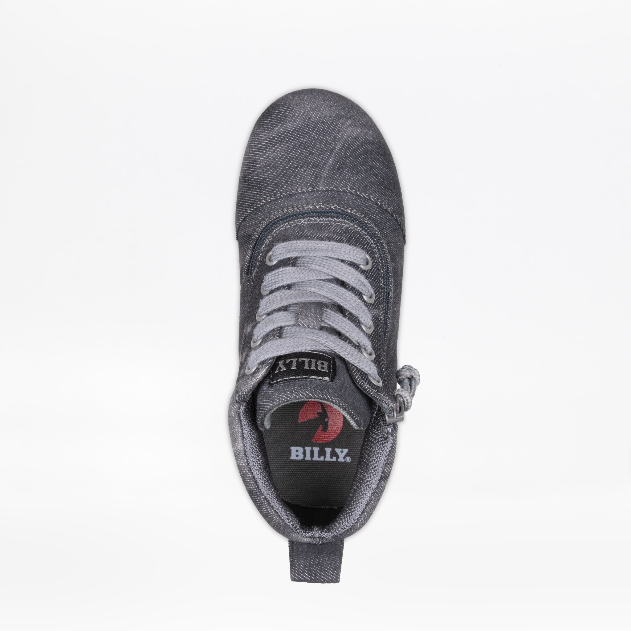 Top view of the Black Acid Wash BILLY D|R II Short Wrap High sneaker by BILLY Footwear, featuring white laces, a branded insole, and a side zipper. This AFO-friendly shoe is shown on a plain white background.