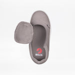 Top view of the SALE - Dark Grey BILLY D|R II Short Wrap Low by BILLY Footwear, showing its wide opening with tongue flapped left and red logo inside—perfect as AFO-friendly shoes or kids' adaptive footwear.