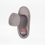 Top view of the SALE - Dark Grey BILLY D|R II Short Wrap Low by BILLY Footwear, showing its wide opening with tongue flapped left and red logo inside—perfect as AFO-friendly shoes or kids' adaptive footwear.