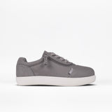 The SALE - Dark Grey BILLY D|R II Short Wrap Low by BILLY Footwear is a kids' adaptive gray sneaker with a white rubber sole, lace-up front, and side zipper, shown on a plain white background.