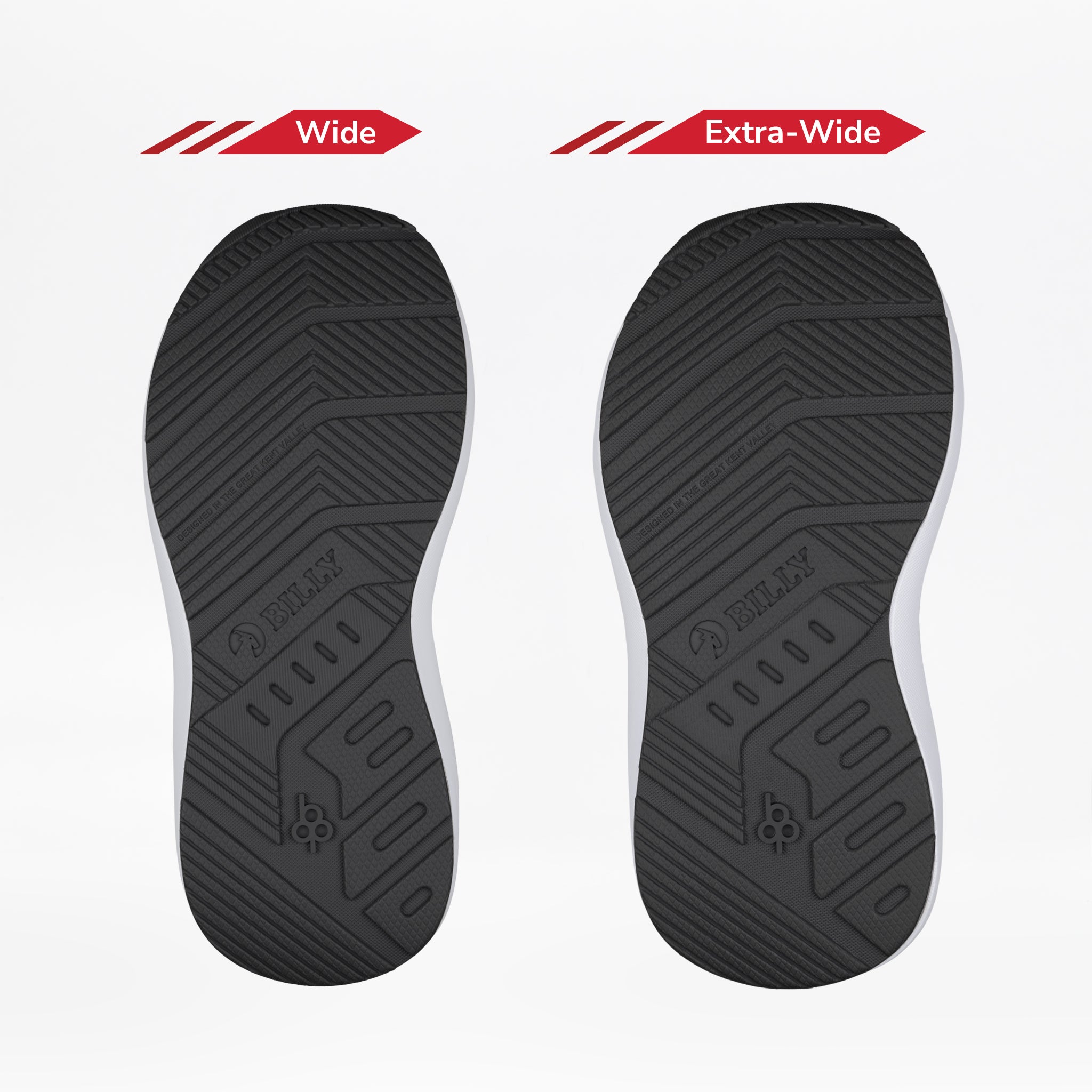 Two Black BILLY Goat shoe soles from BILLY Footwear are shown side by side. The left sole is labeled Wide, the right Extra-Wide, highlighting their width difference for orthotic needs. Both have similar tread patterns.