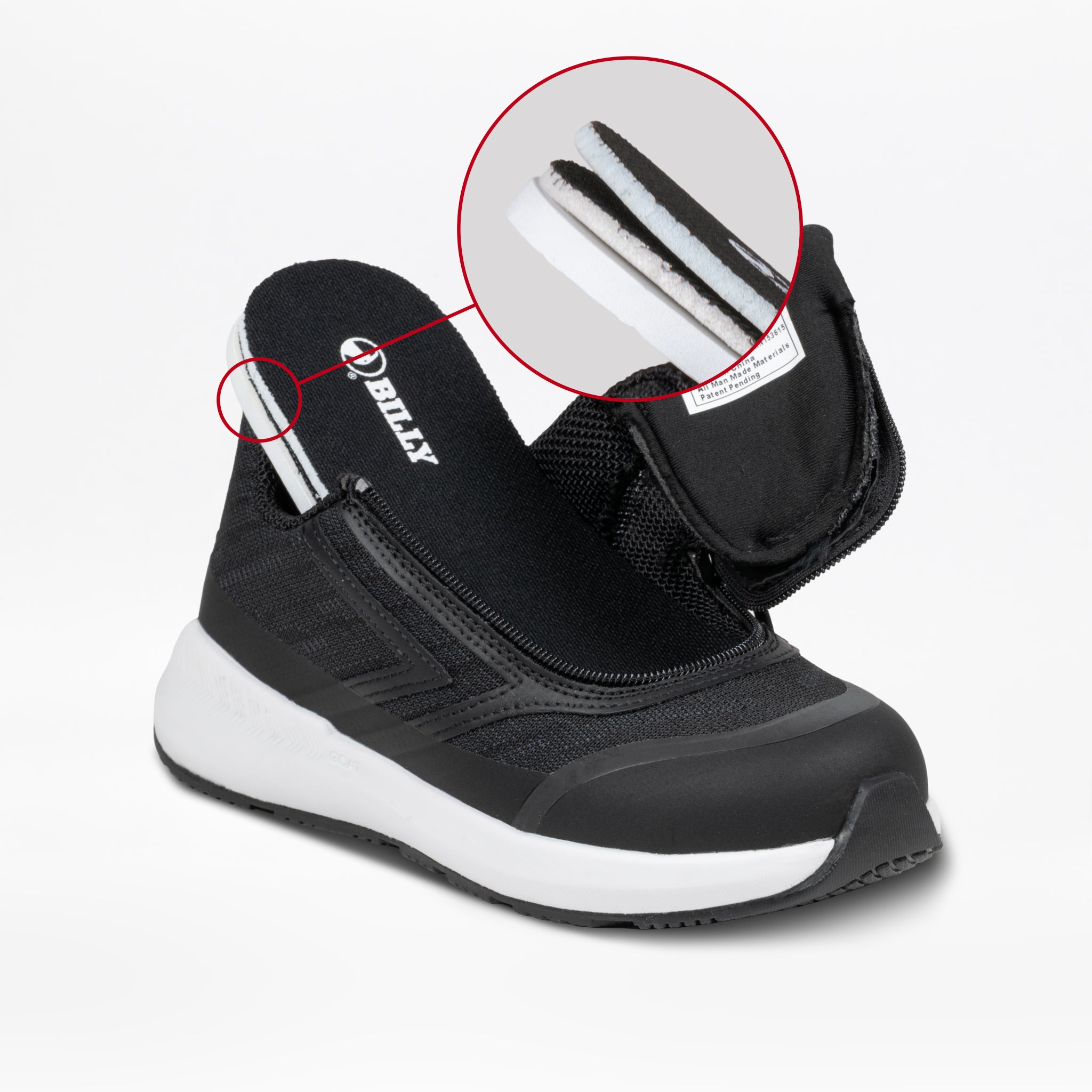 The Black BILLY Goat by BILLY Footwear is a black and white, AFO-friendly kids’ shoe with a unique side zipper and closure system, shown open. A circular inset showcases a close-up of the adaptive closure detail.