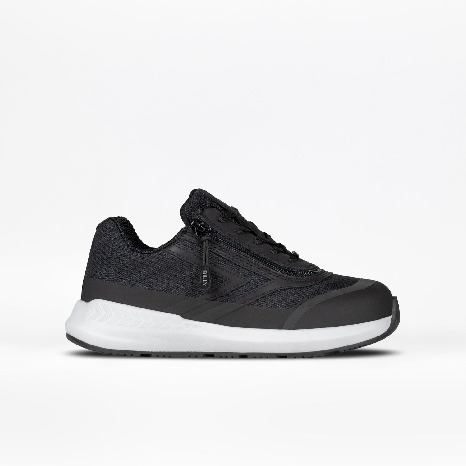 The Black BILLY Goat by BILLY Footwear is an athletic orthotic shoe with a textured fabric upper, lace-up closure, and white cushioned sole, shown on a plain white background.