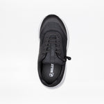 Top view of the Black BILLY Goat by BILLY Footwear, an AFO-friendly kids’ shoe with a white sole, black laces, side zipper, and branding on the insole and tongue—perfect for adaptive footwear needs.