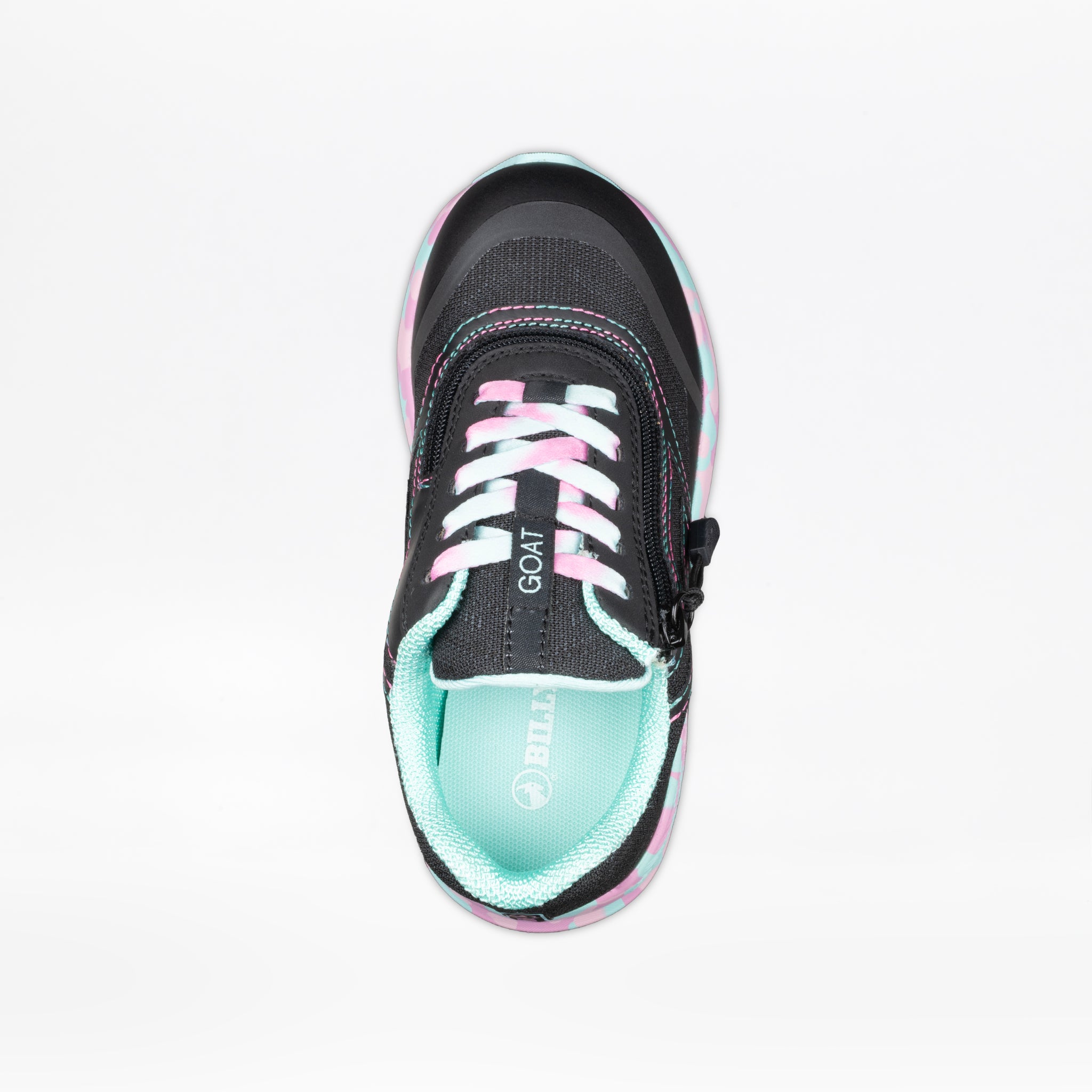 Top view of the Midnight Mermaid BILLY Goat by BILLY Footwear: a black kids' adaptive sneaker with pink stitching, white and pink laces, light blue lining, "GOAT" on the tongue, and playful pink and blue patterned sole edges.