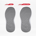 Two gray orthotic shoe soles for the SALE - White BILLY Goat from BILLY Footwear are shown side by side on a white background. The left is labeled Wide, the right Extra-Wide, demonstrating width options for AFO-friendly shoes.