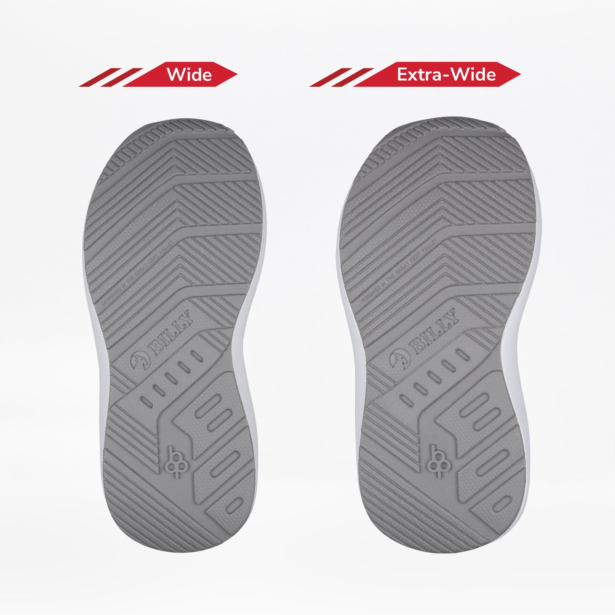 Two gray orthotic shoe soles for the SALE - White BILLY Goat from BILLY Footwear are shown side by side on a white background. The left is labeled Wide, the right Extra-Wide, demonstrating width options for AFO-friendly shoes.