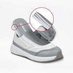 The SALE - White BILLY Goat by BILLY Footwear is a gray and white sneaker with a fold-down heel and easy on-and-off zipper, highlighted for its AFO-friendly, accessible design in a zoomed-in circle.