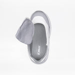 The SALE - White BILLY Goat by BILLY Footwear is shown from above with the white and gray upper partially peeled back, exposing a gray insole printed with the brand name. The background is white.
